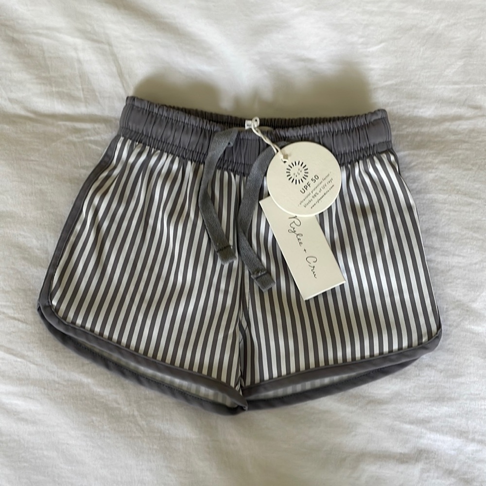 Rylee + Cru baby boy swim trunks, size 3/6 months, gray and white stripes